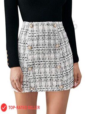 High Waist A-Line Plaid Tweed Mini Skirt